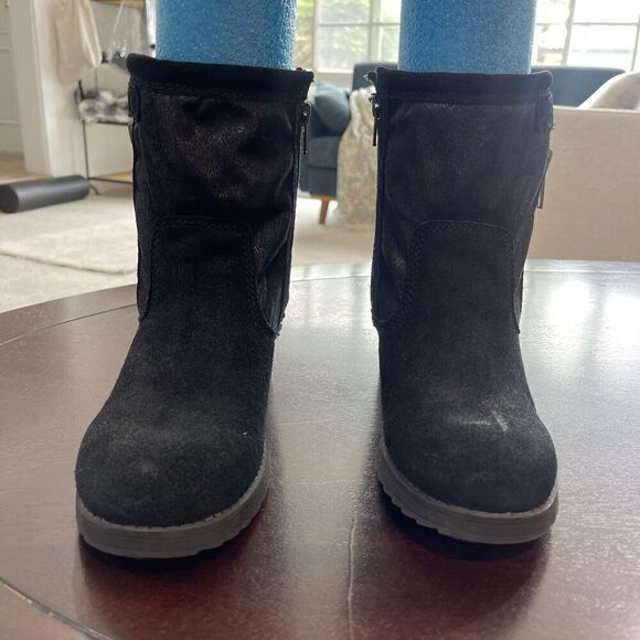 Naturalizer Suede Leather Boots 7.5 Black Faux Fur Lining Round Toe Double Zip - Picture 4 of 11